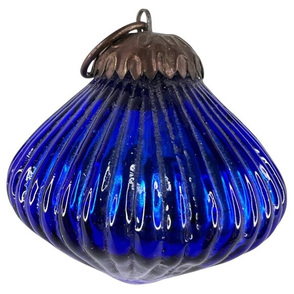 3 Modern Kugel Style Glass Christmas Tree Ornaments Ribbed Red Blue Metal Caps - Picture 8 of 12